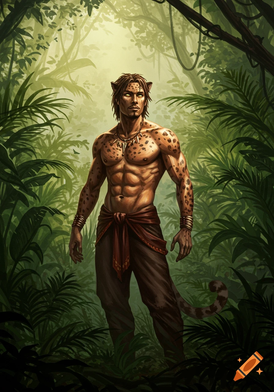 A muscular man with leopard spots, ears, and a tail stands in a vibrant jungle, looking forward. Digital fantasy art.