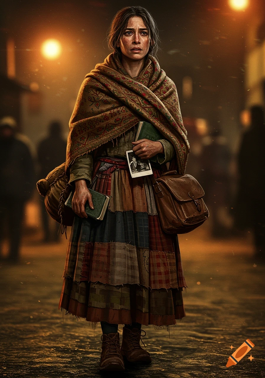 A distressed woman wrapped in a patterned shawl and patchwork skirt stands on a wet street at night, holding books and a photo. Photorealistic style.