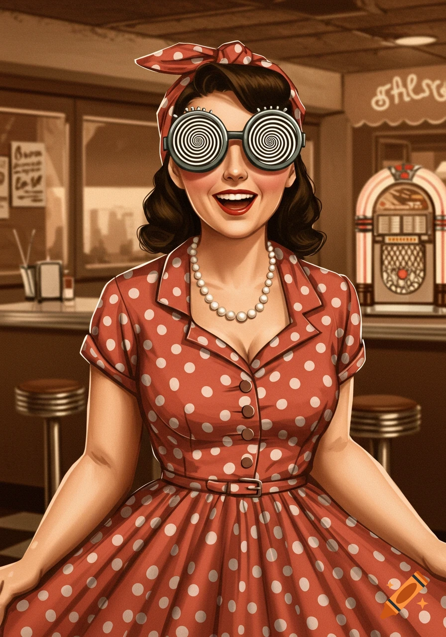 A smiling woman in a red polka dot dress, pearl necklace, and red headband, wearing spiral goggles in a 1950s diner. Illustration style.