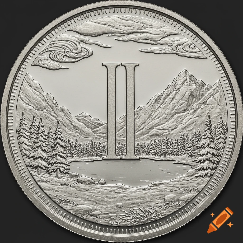 Photorealistic silver coin featuring Roman numeral II, mountains, pine trees, and a lake under cloudy skies.