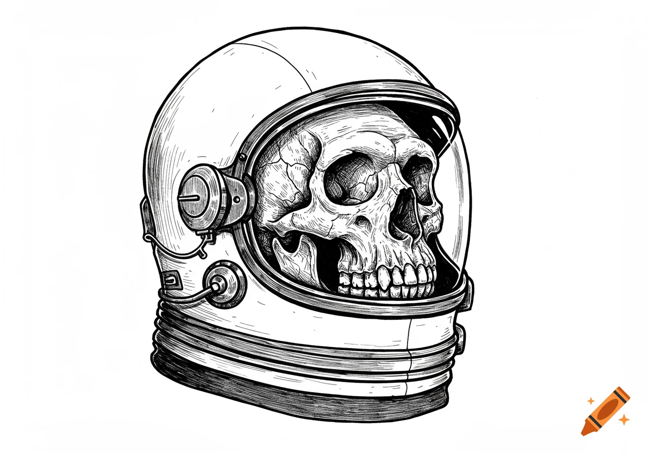 Intricate black and white line art illustration of a skull inside a retro astronaut helmet.