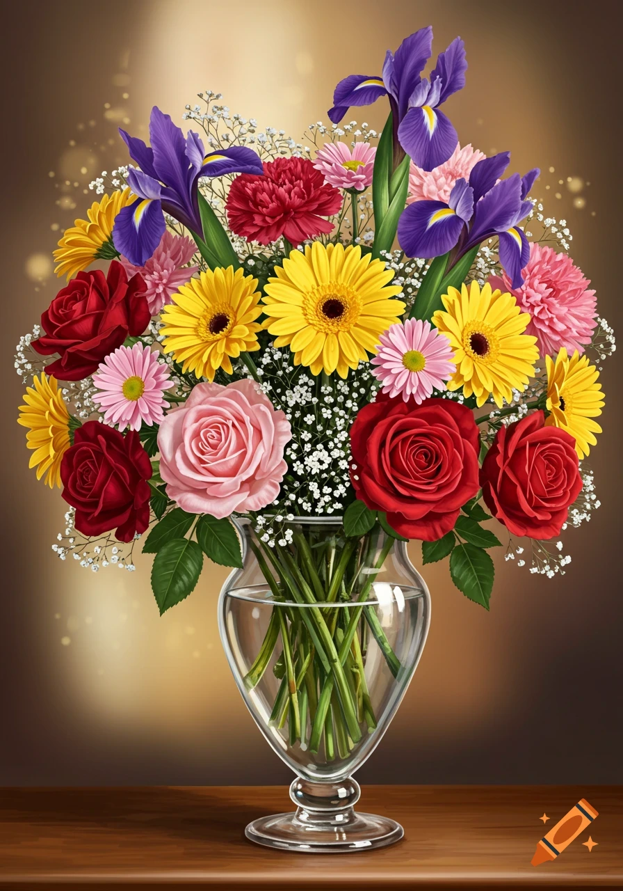 A vibrant bouquet of red roses, yellow gerbera daisies, purple irises, and pink flowers in a clear glass vase on a wooden table.
