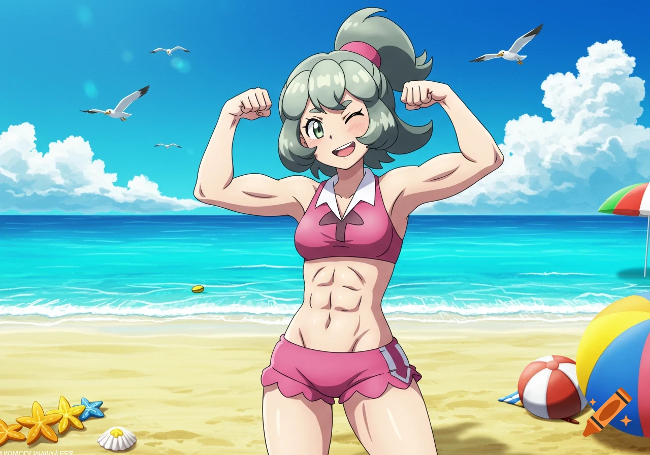 Anime girl with green hair and pink swimsuit flexing her biceps on a sunny beach, with seagulls flying and beach balls nearby.