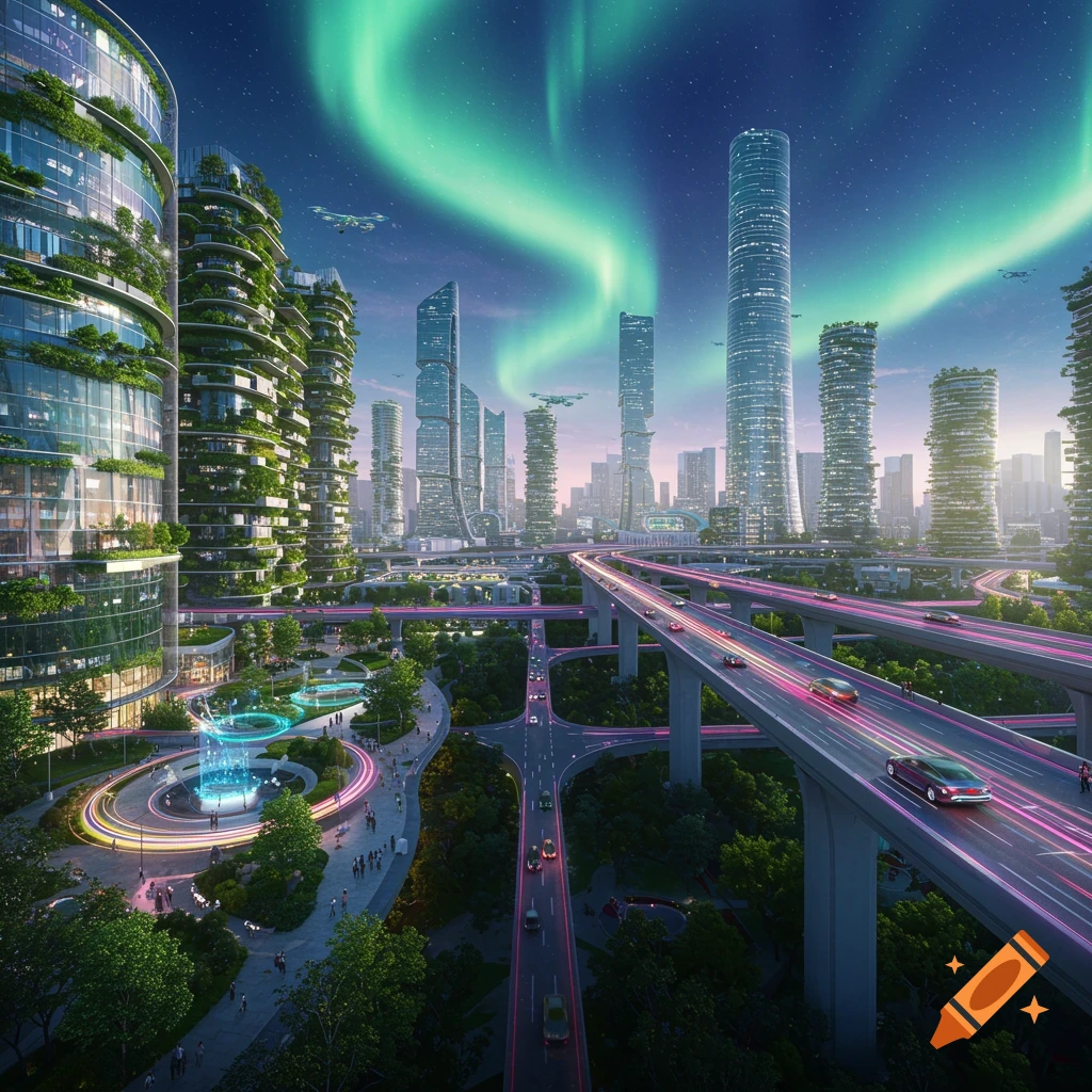 Photorealistic image of a vibrant futuristic city at night with towering green skyscrapers, glowing highways, and aurora borealis.