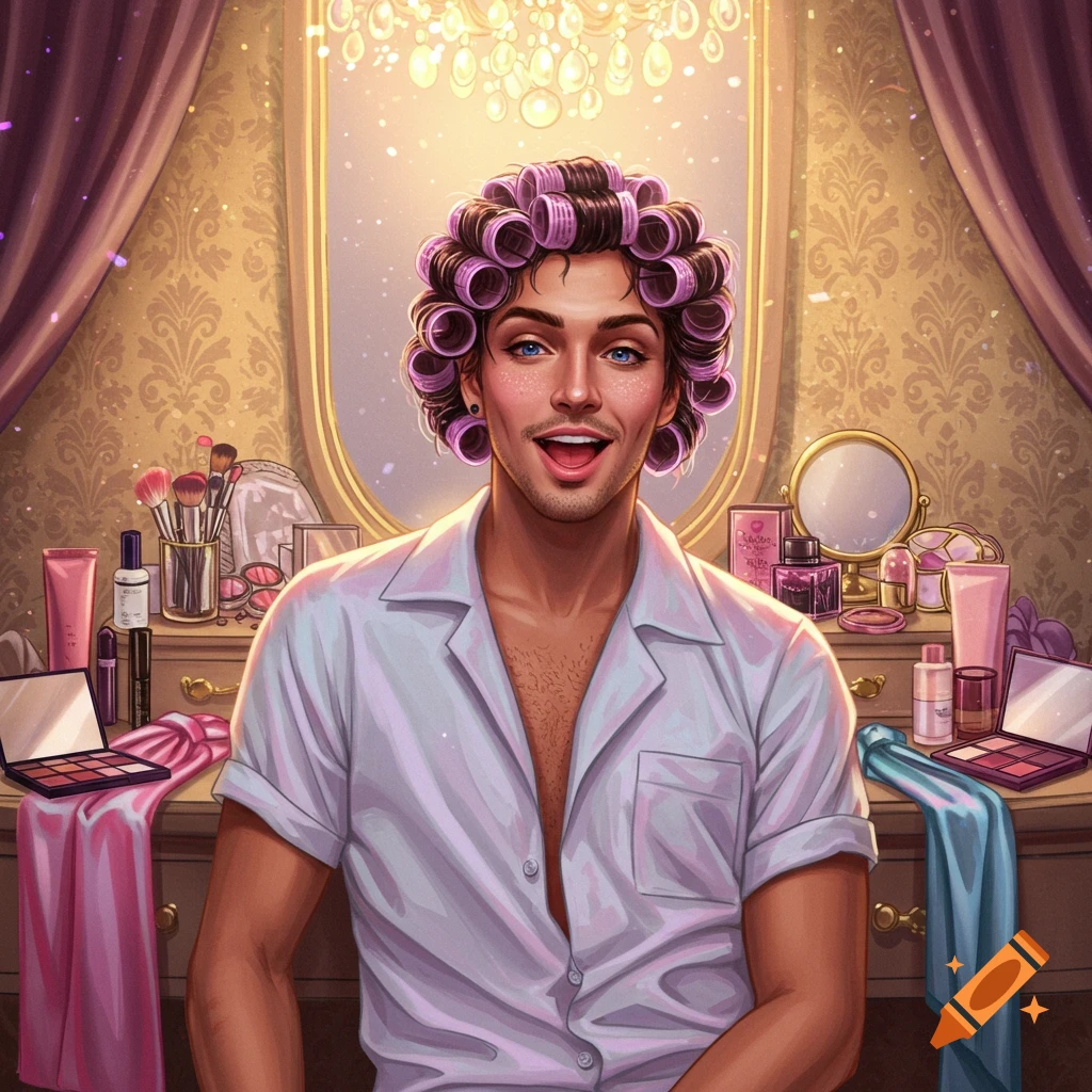 A man with purple hair curlers and an open white shirt smiles at a vanity table filled with makeup.