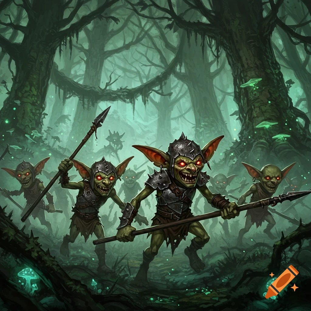 A horde of green-skinned goblins with glowing red eyes and armor advance through a dark, mossy fantasy forest.