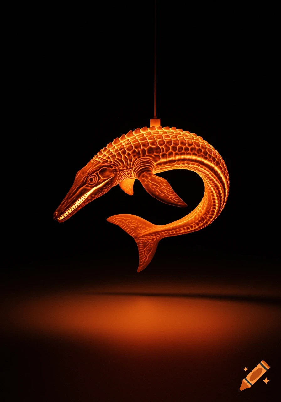 An orange glowing mosasaurus lamp hangs against a pitch-black background, emitting a warm light.