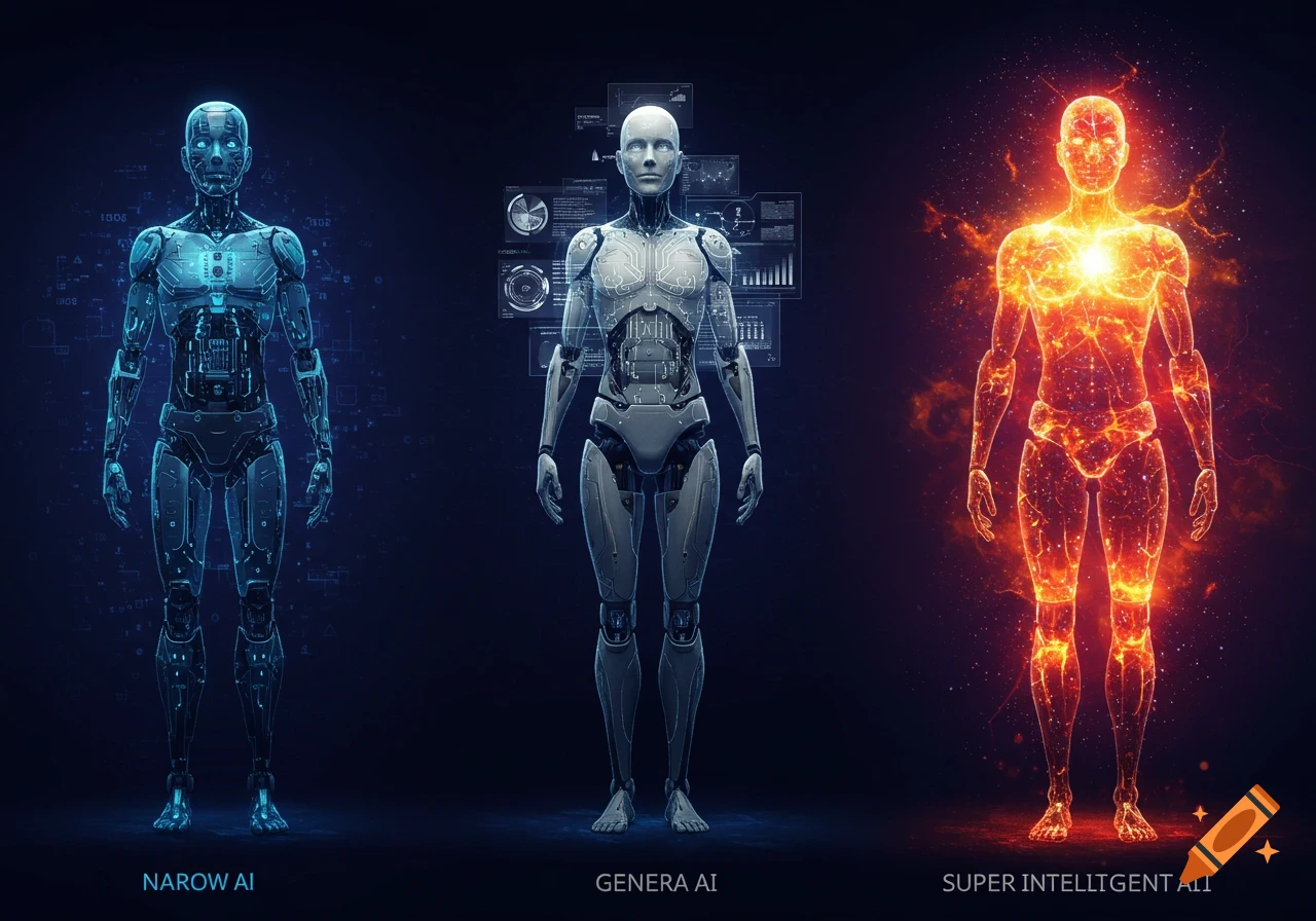Three humanoid AI figures: a blue glowing Narrow AI, a grey General AI with data, and a red glowing Super Intelligent AI.