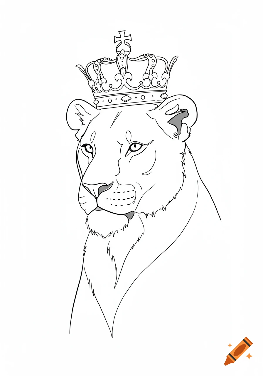 Line drawing of a lioness wearing a crown.