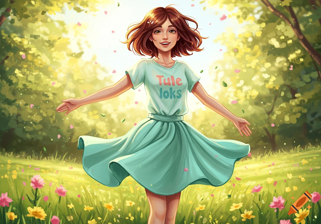 An illustration of a smiling girl with brown hair in a mint green dress spinning in a sunny field with flowers and petals.