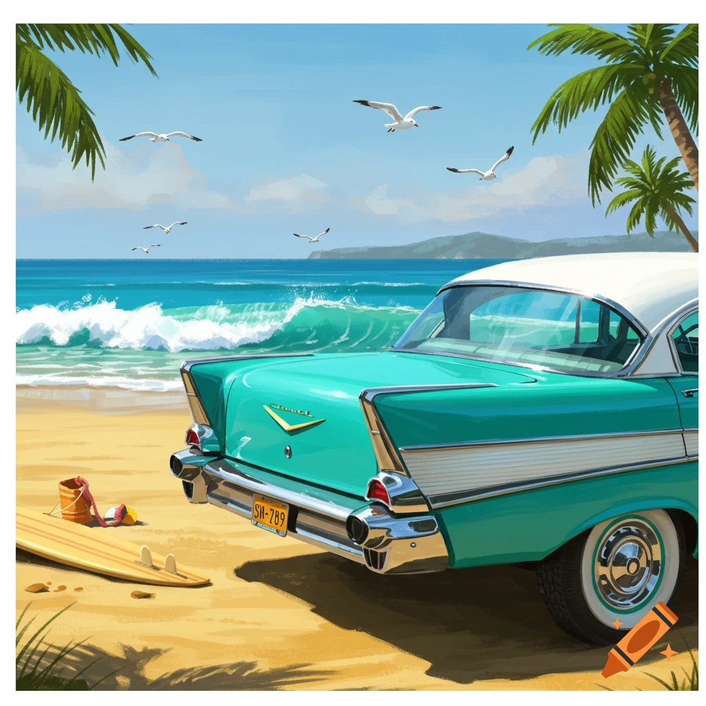 A teal and white vintage car parked on a sandy beach with crashing waves, palm trees, and gulls in a vibrant, stylized illustration.