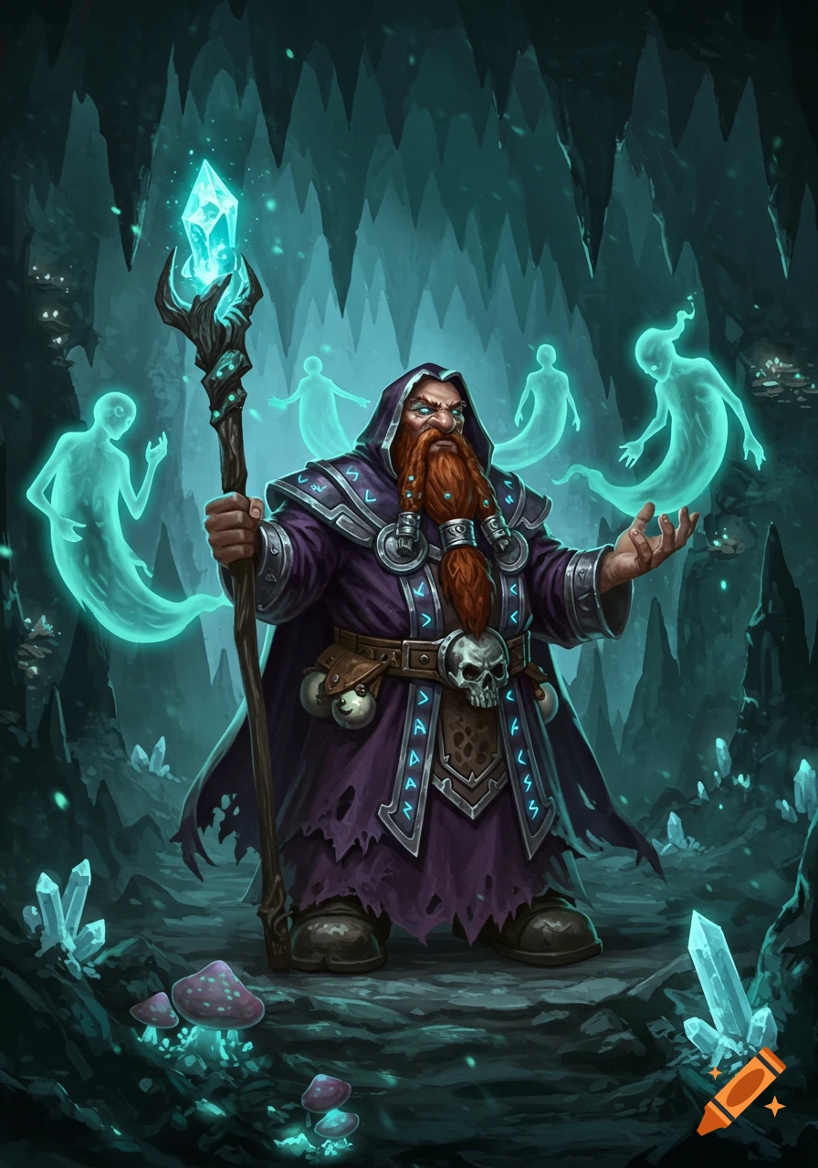 A bearded dwarf necromancer in a purple robe stands in a glowing cave, conjuring translucent ghosts with a crystal staff.