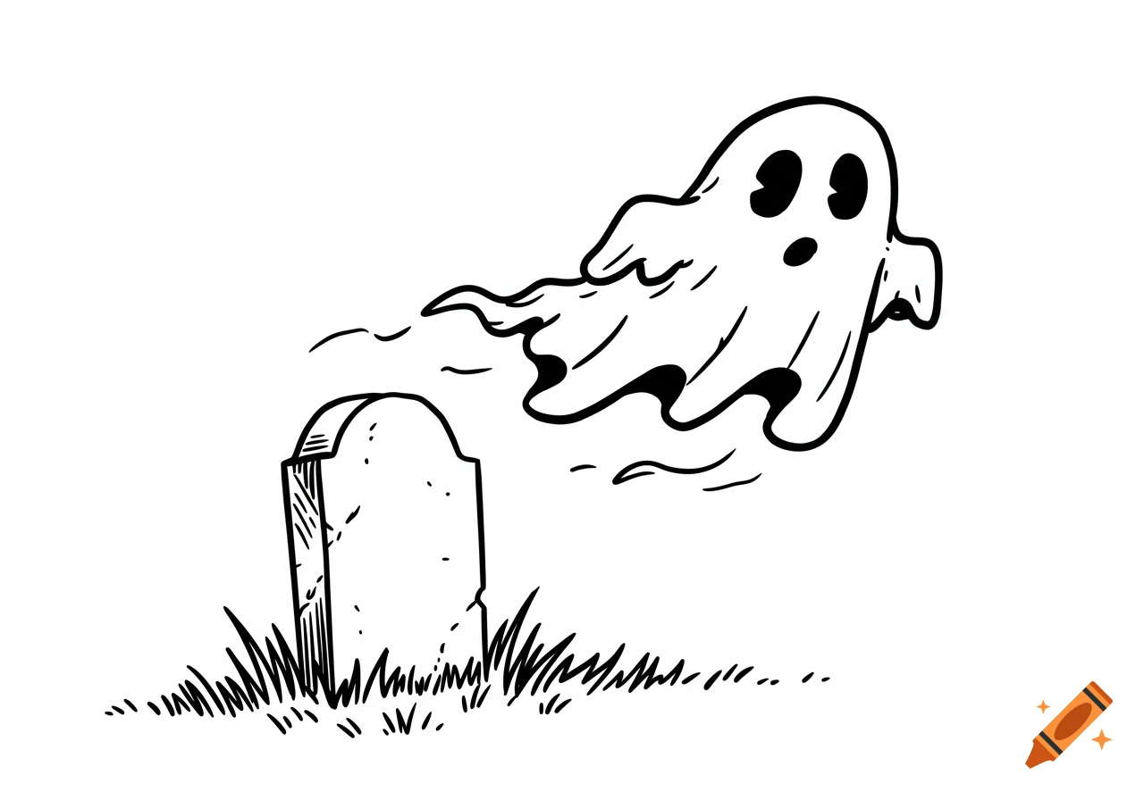 Black and white 2D line art of a cartoon ghost rising from a tombstone in a grassy graveyard.