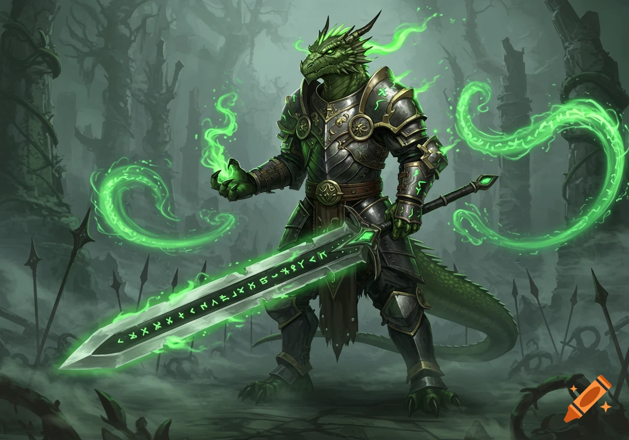 A green dragonborne knight in ornate armor wields a glowing green runic sword amidst a desolate, misty forest.
