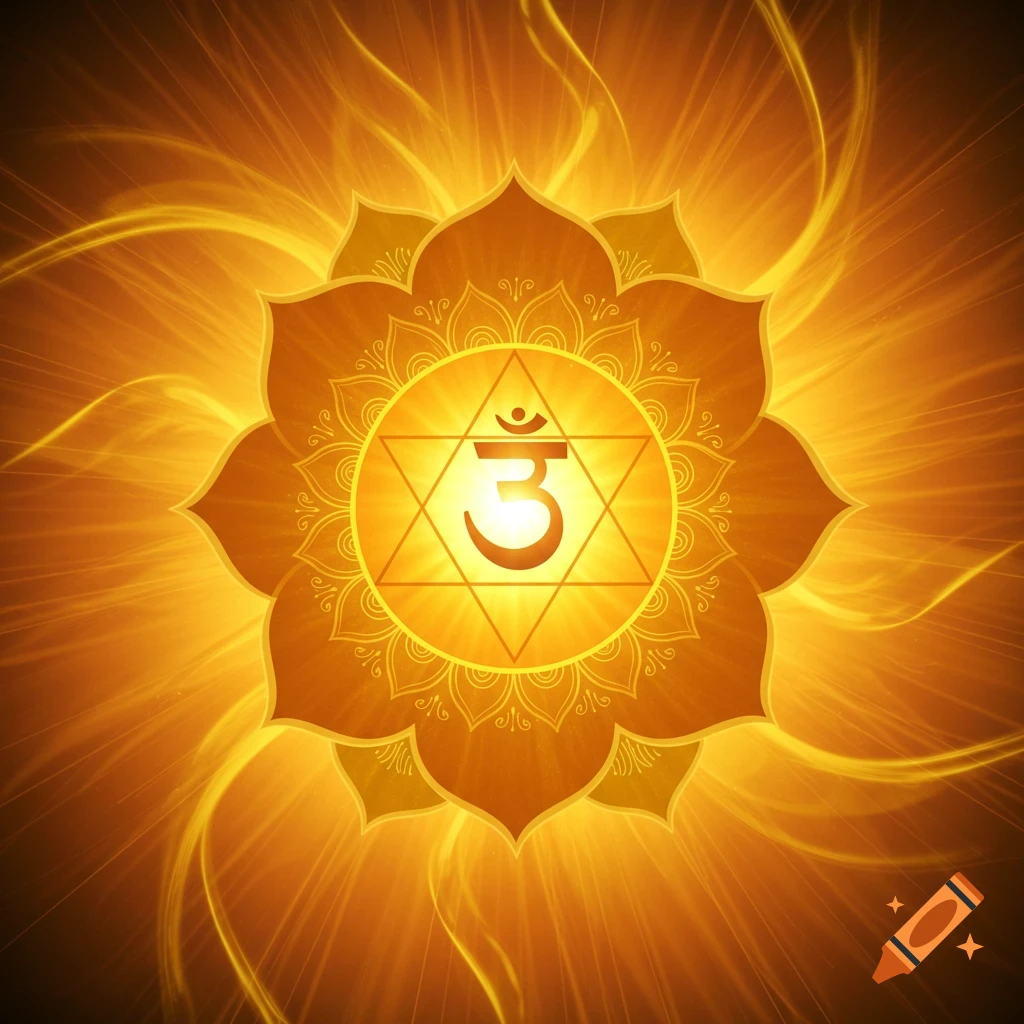 Vibrant orange and yellow Manipura chakra symbol with radiating light, spiritual and meditative imagery.