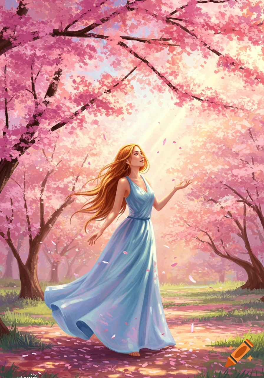 A woman in a flowing blue dress stands in a vibrant cherry blossom ...