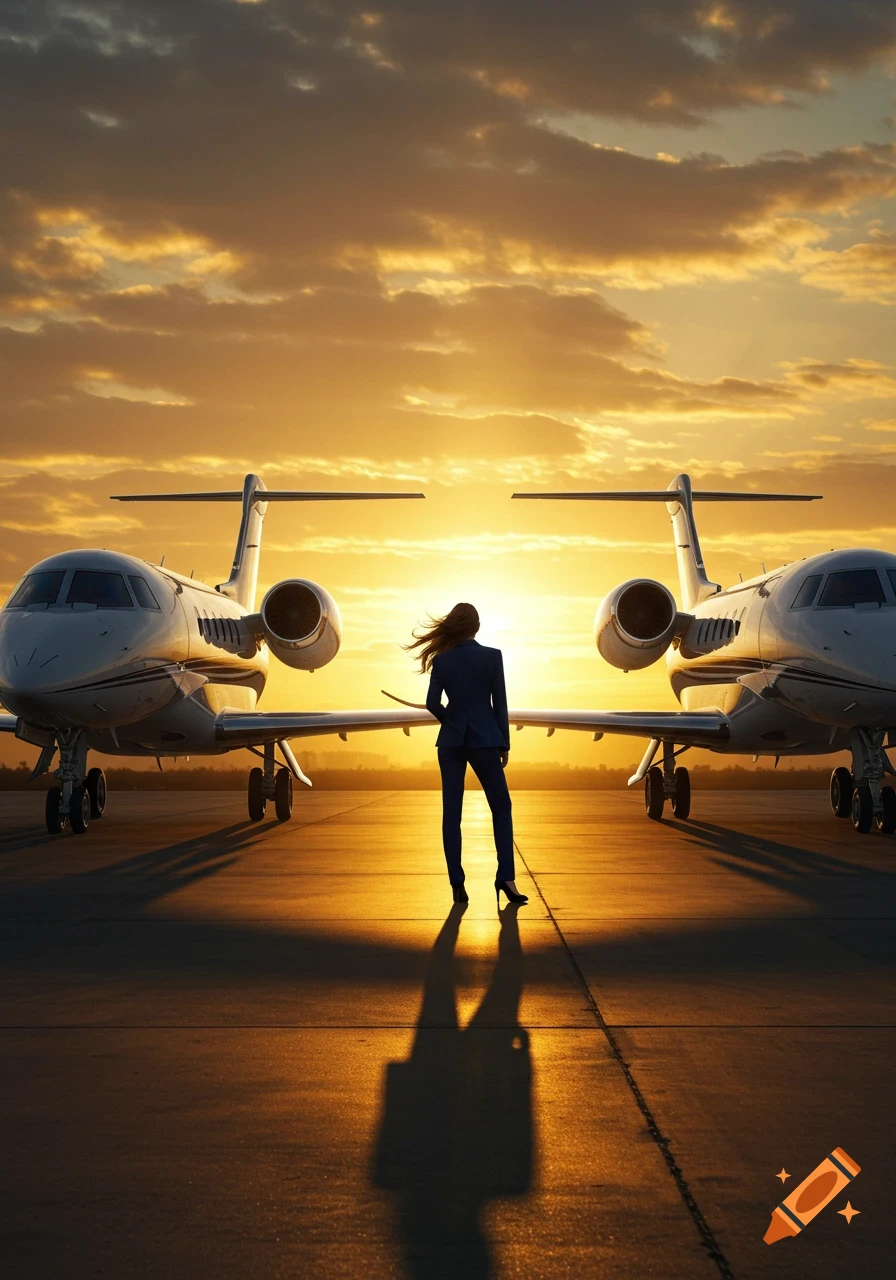 A silhouetted woman in a suit stands between two private jets on an airfield at sunset, with golden light illuminating the sky.