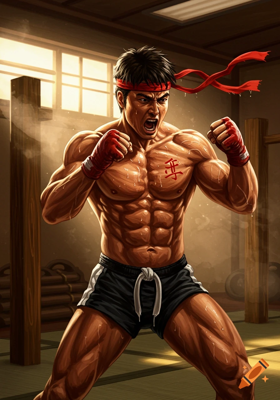 A muscular Asian man in a red headband and red boxing gloves stands in a fighting stance in a dojo, sweating.