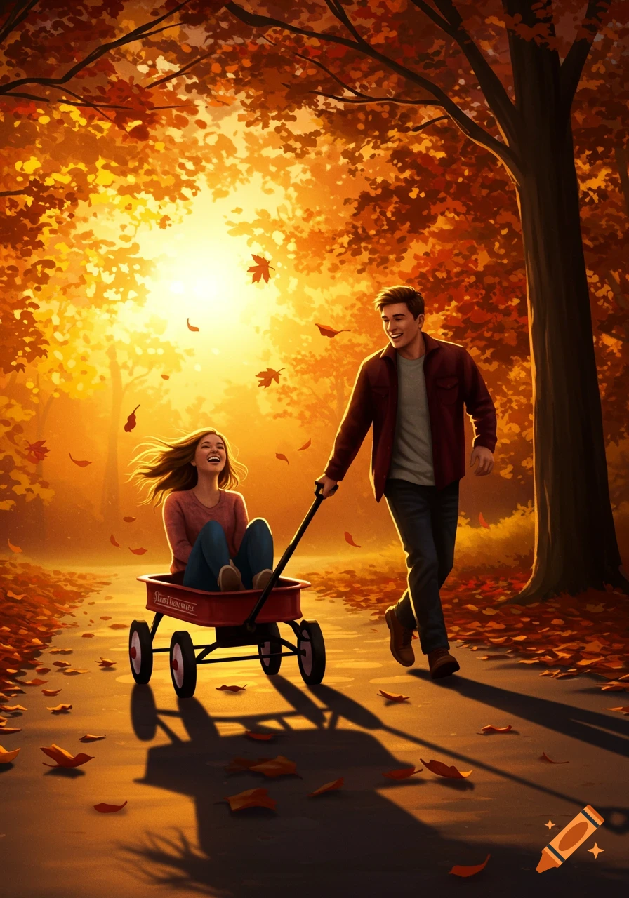 A man pulls a laughing woman in a red wagon along a path lined with autumn trees and falling leaves, bathed in warm golden light.