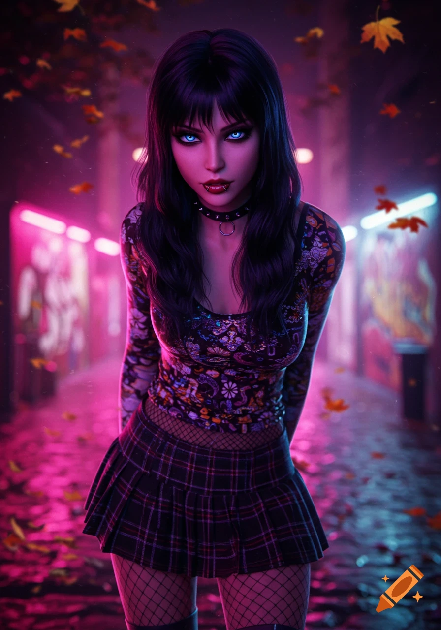 A digital art portrait of a woman with dark hair, blue eyes, and red lips, wearing alternative fashion in a neon-lit alley with falling leaves.
