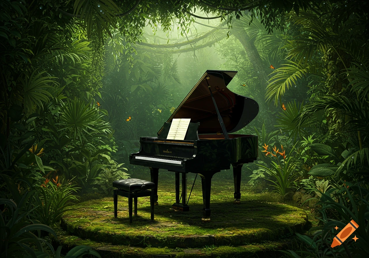 A grand piano and stool sit on a mossy platform in the middle of a vibrant, misty jungle, with sunlight filtering through the canopy and butterflies flying around. Photorealistic style.