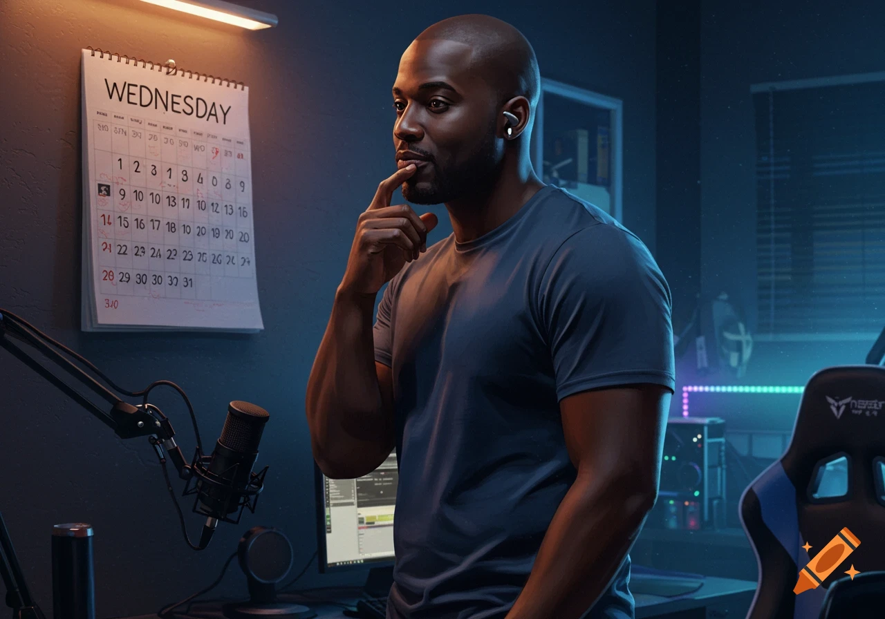 A bald Black man in a blue t-shirt with earbuds in, stands in a dimly lit room, pondering while looking at a calendar. A microphone and gaming chair are visible.