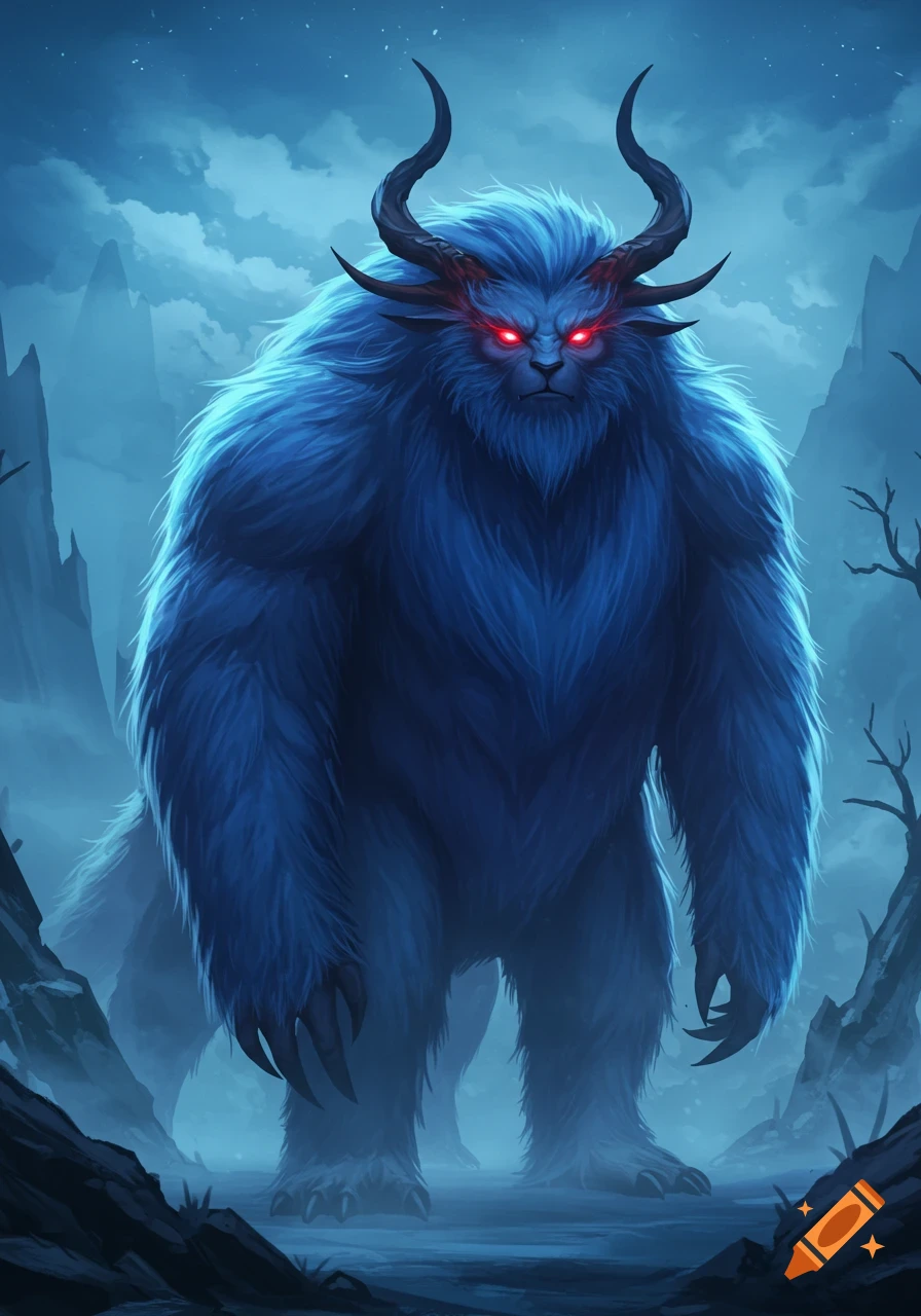 A tall, large blue furry monster with red glowing eyes, dark horns, and short claws stands in a misty, rocky landscape. Digital art.