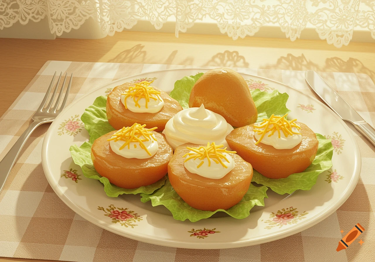 A plate of pear halves topped with whipped cream and shredded cheese on lettuce, next to a fork and knife on a checkered tablecloth.
