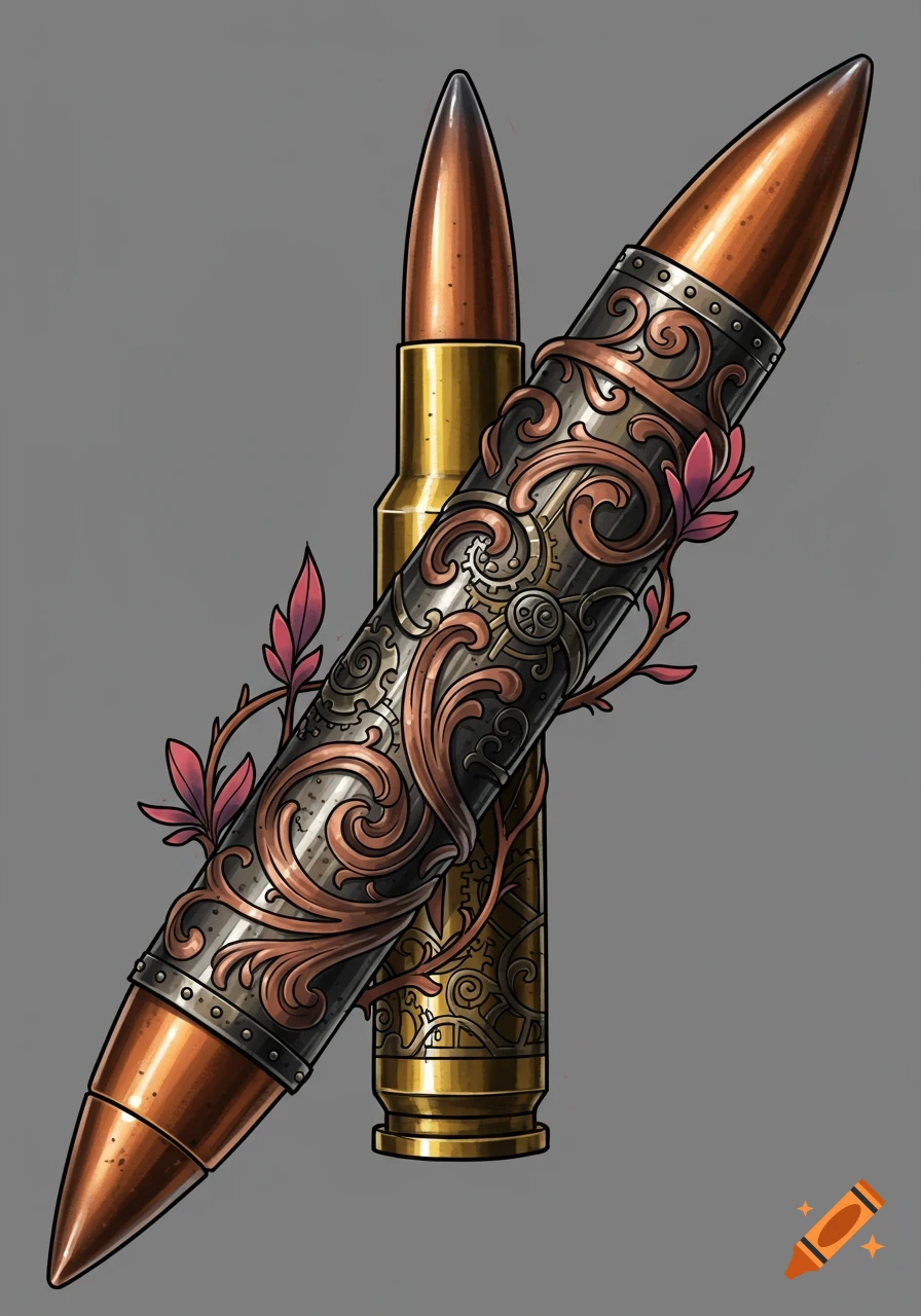 Two stylized bullets, one in front decorated with ornate copper and silver patterns, gears, and red leaves, in an illustrative style.