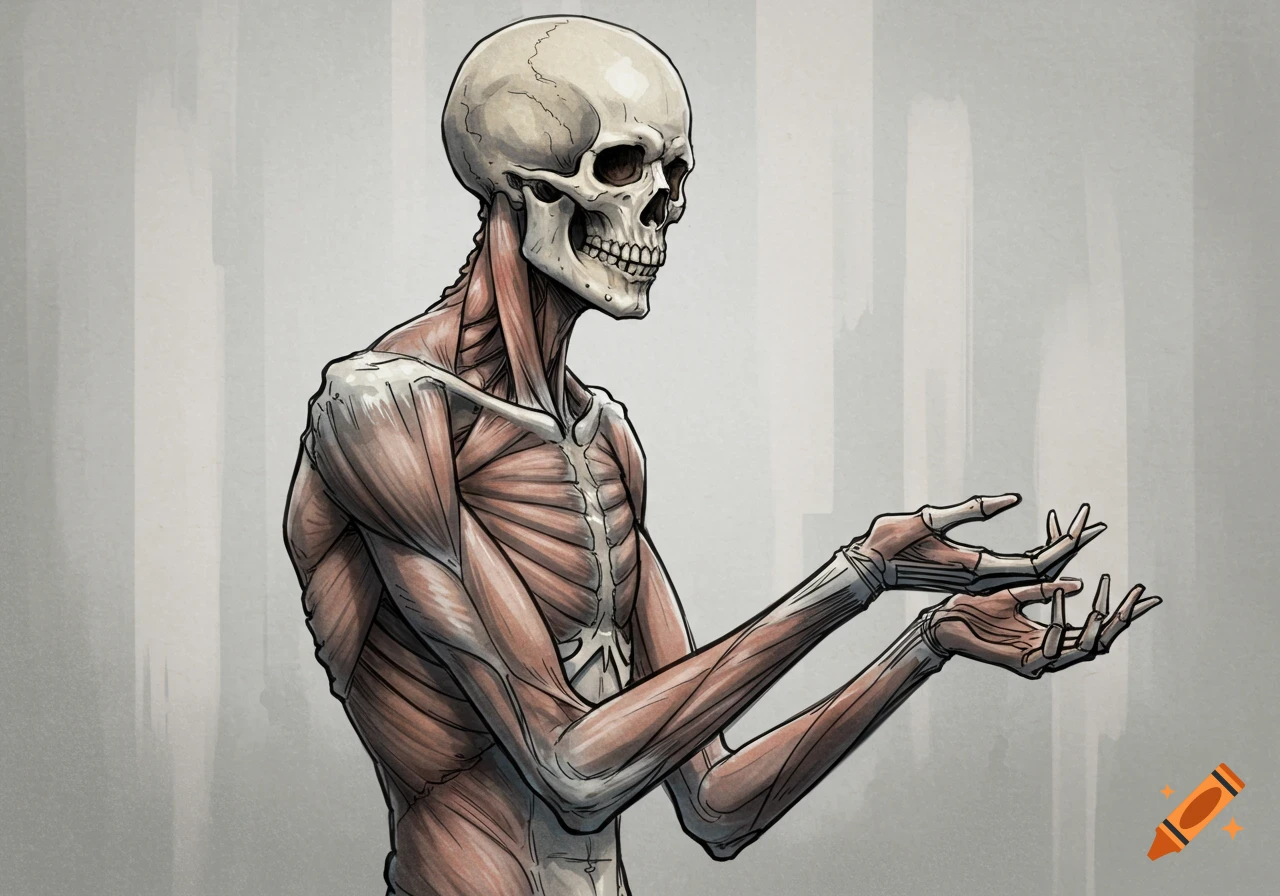 A stylized anatomical drawing of a human skeletal figure with exposed muscles, hands open as if offering or receiving.