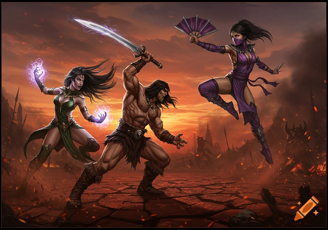 Conan, a sorceress with purple magic, and a ninja with a fan battle in a fiery, cracked landscape.