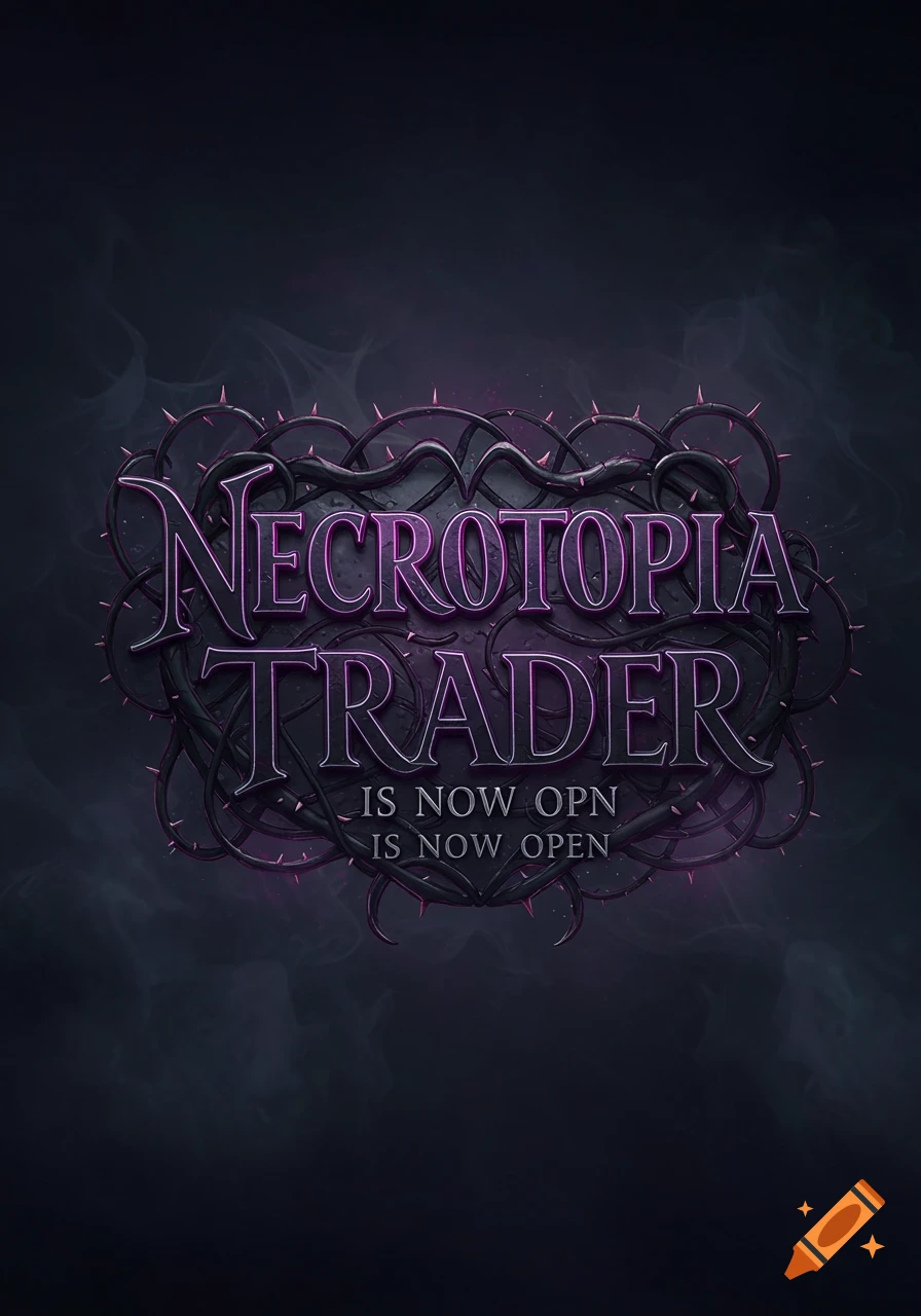 A stylized title "Necrotopia Trader" with thorny vines and text "IS NOW OPN IS NOW OPEN" on a dark, smoky background.