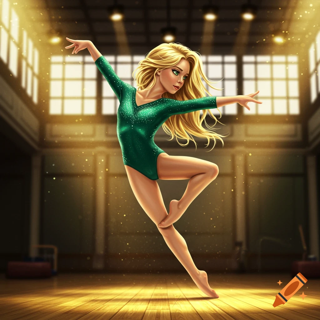 A vibrant digital illustration of a blonde gymnast in a green leotard gracefully posing on a spotlighted gymnasium floor.