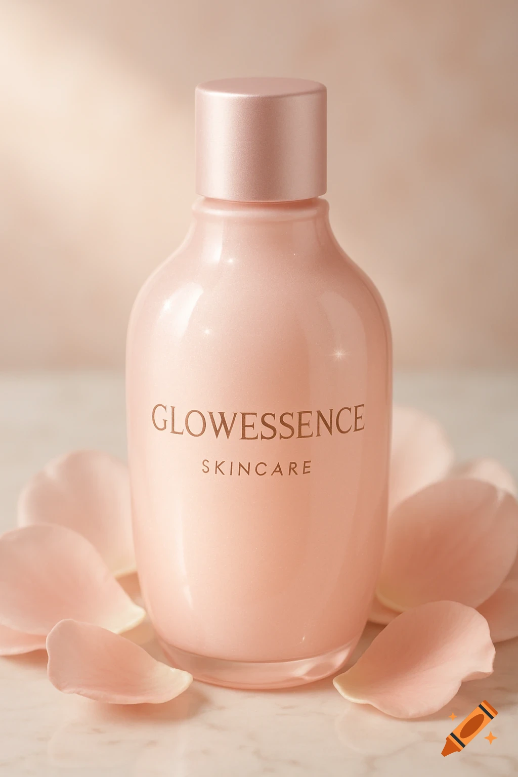 A photorealistic image of a pink skincare bottle labeled Glowessence Skincare, surrounded by light pink rose petals on a white marble surface.