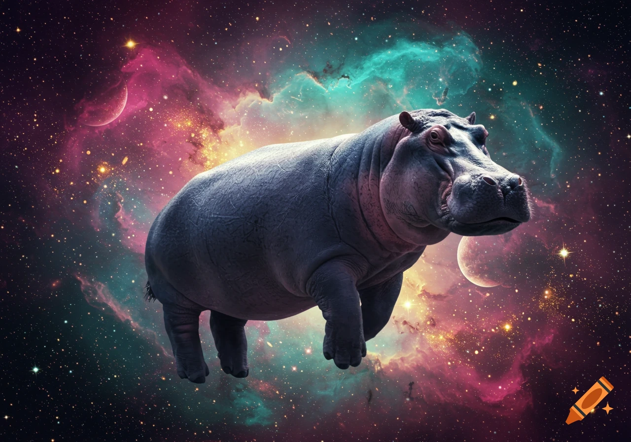 A hippo floats through vibrant pink, purple, and blue nebulae in a star-filled galaxy.