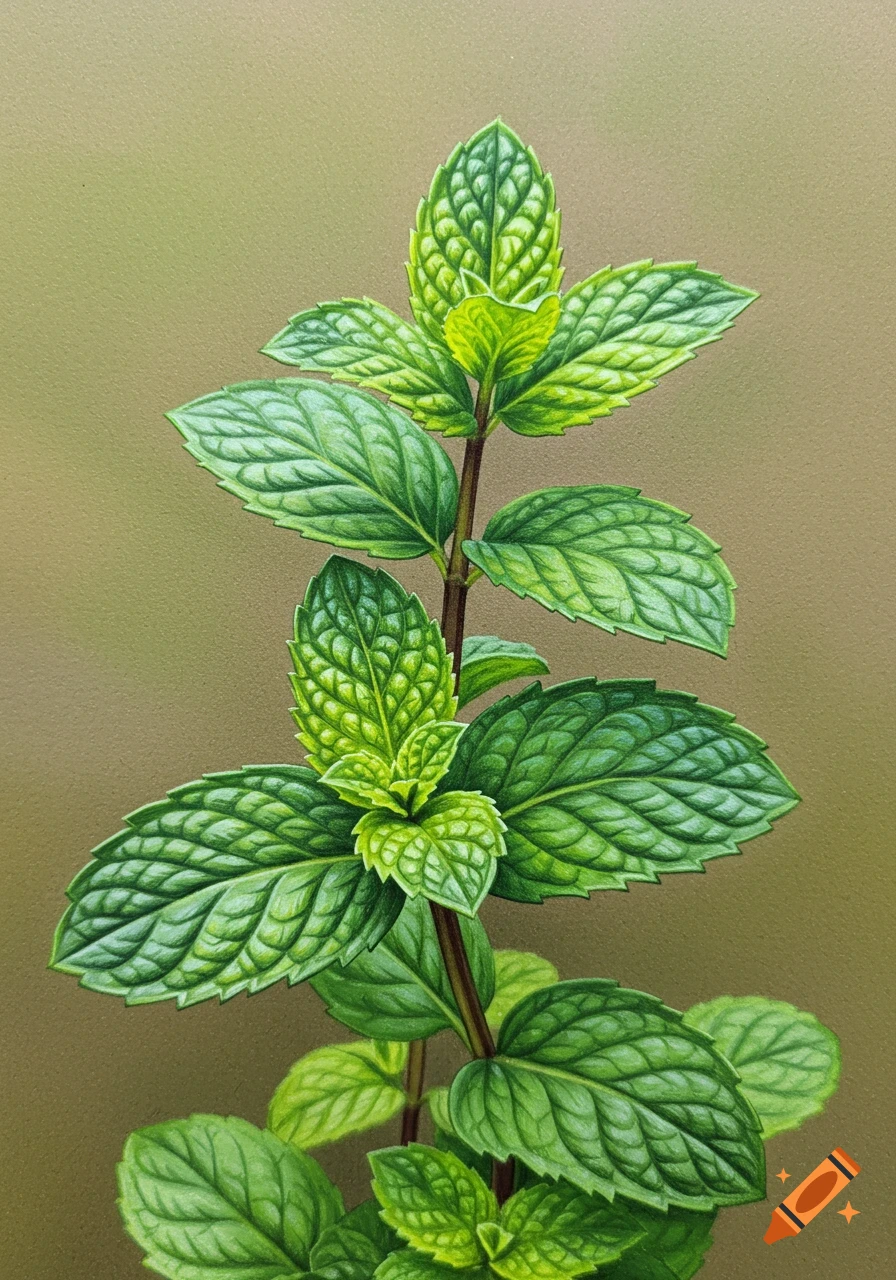 A detailed colored pencil drawing of a peppermint plant with vibrant green leaves.