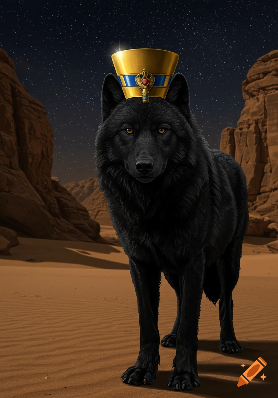 A black wolf wearing an ornate Egyptian crown stands in a sandy desert under a starry night sky with rock formations.