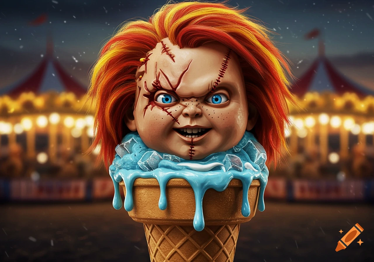 An ice cream cone topped with a scoop of blue ice cream and a melting Chucky doll's head with orange hair, set against a blurred carnival background.