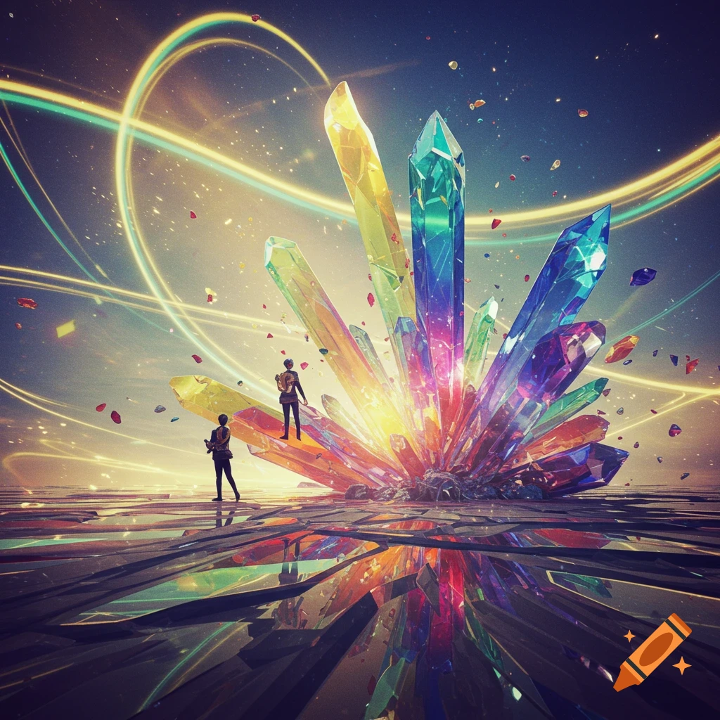 Two small figures stand on a reflective ground before a huge cluster of glowing, multi-colored crystals with light trails in a cosmic sky.