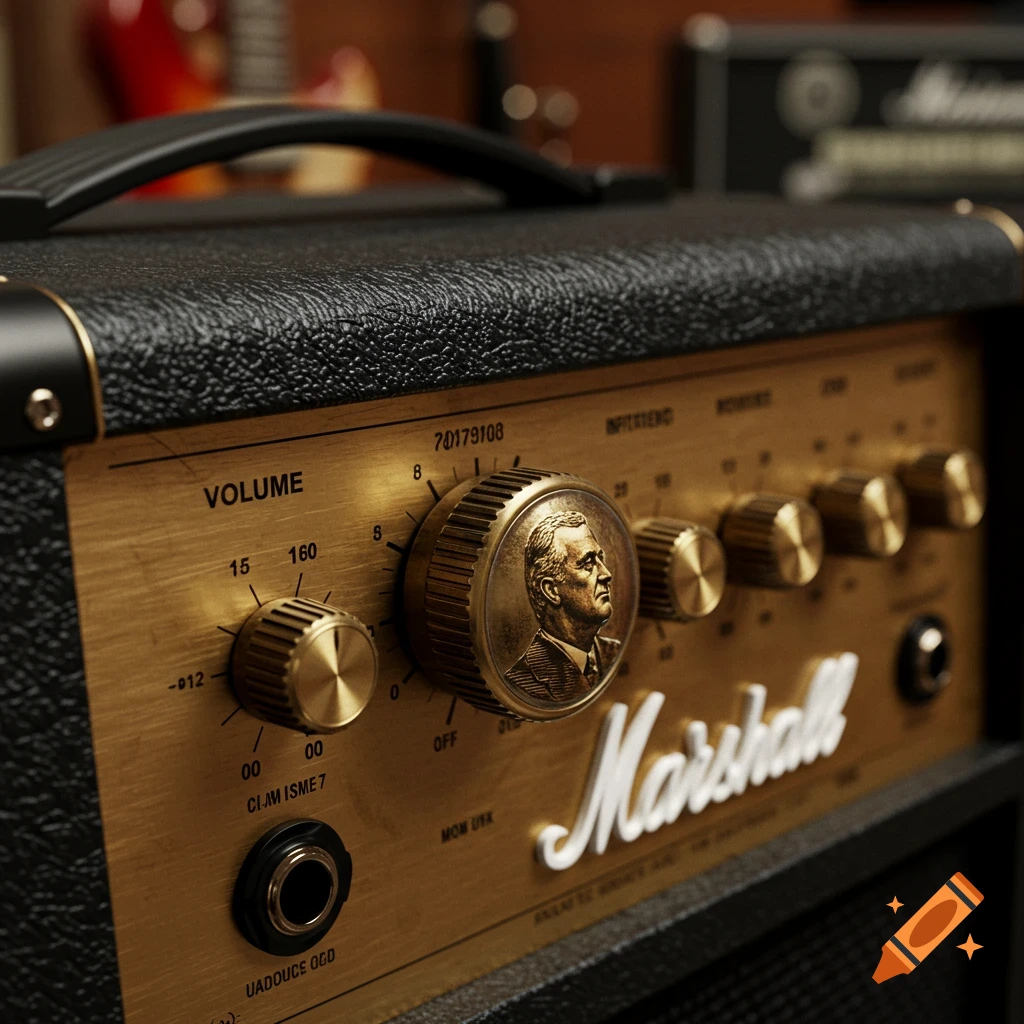Close-up of a black and gold Marshall amplifier with a volume knob featuring a profile of Franklin D. Roosevelt.