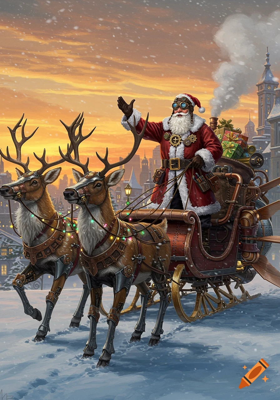 Steampunk Santa Claus waves from his elaborate sleigh pulled by two mechanized reindeer on a snowy street at sunset.