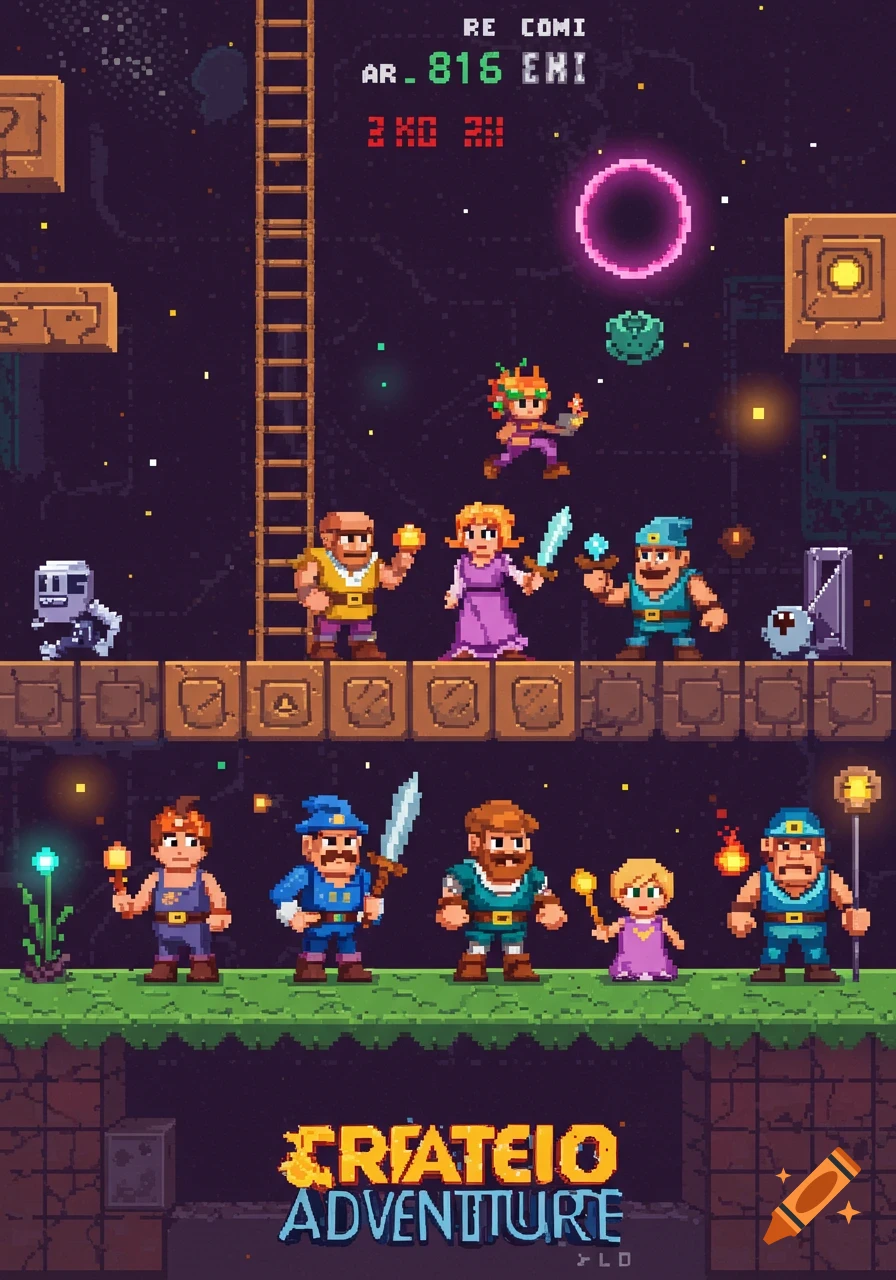 Retro pixel art poster with various characters in a starry game environment, featuring game UI and 'CRIATEIO ADVENTURE' text.