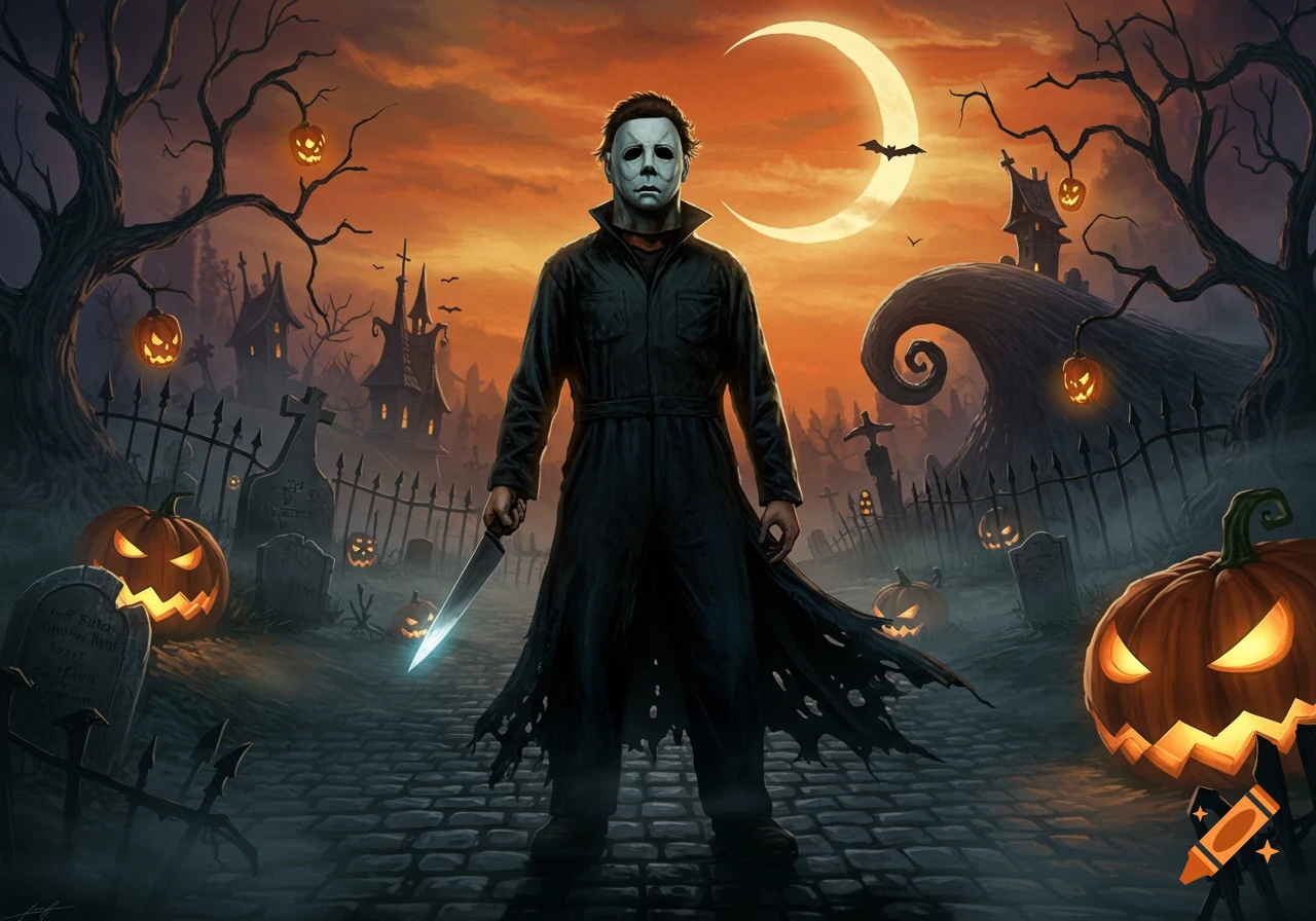 Michael Myers with a knife in a stylized, spooky Halloween cemetery featuring pumpkins, twisted trees, and a crescent moon.