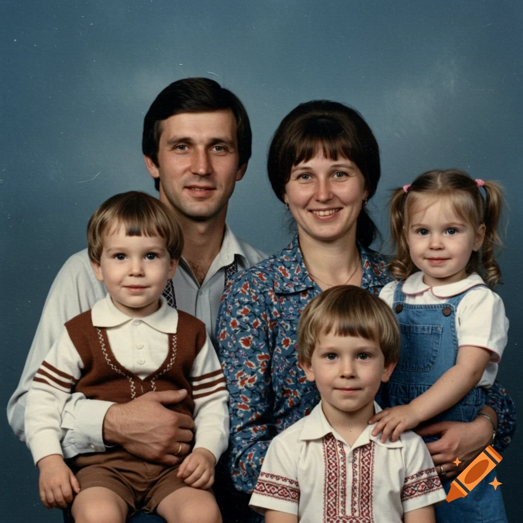 A vintage 1970s family portrait showing a smiling man holding a young boy, with a smiling woman next to him holding a girl and an older boy.