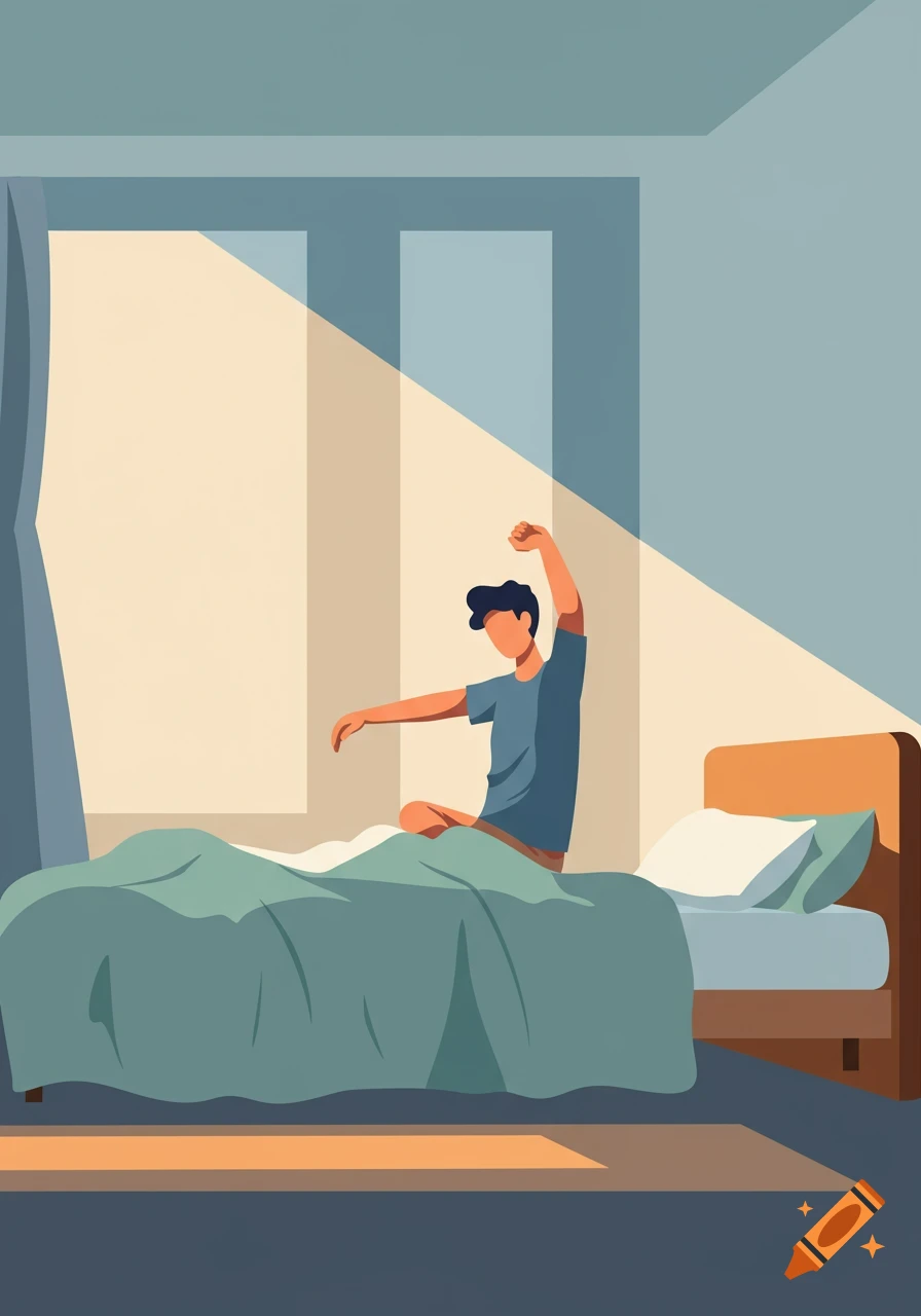An illustrative image of a person sitting up in bed, stretching, with sunlight streaming through a window.