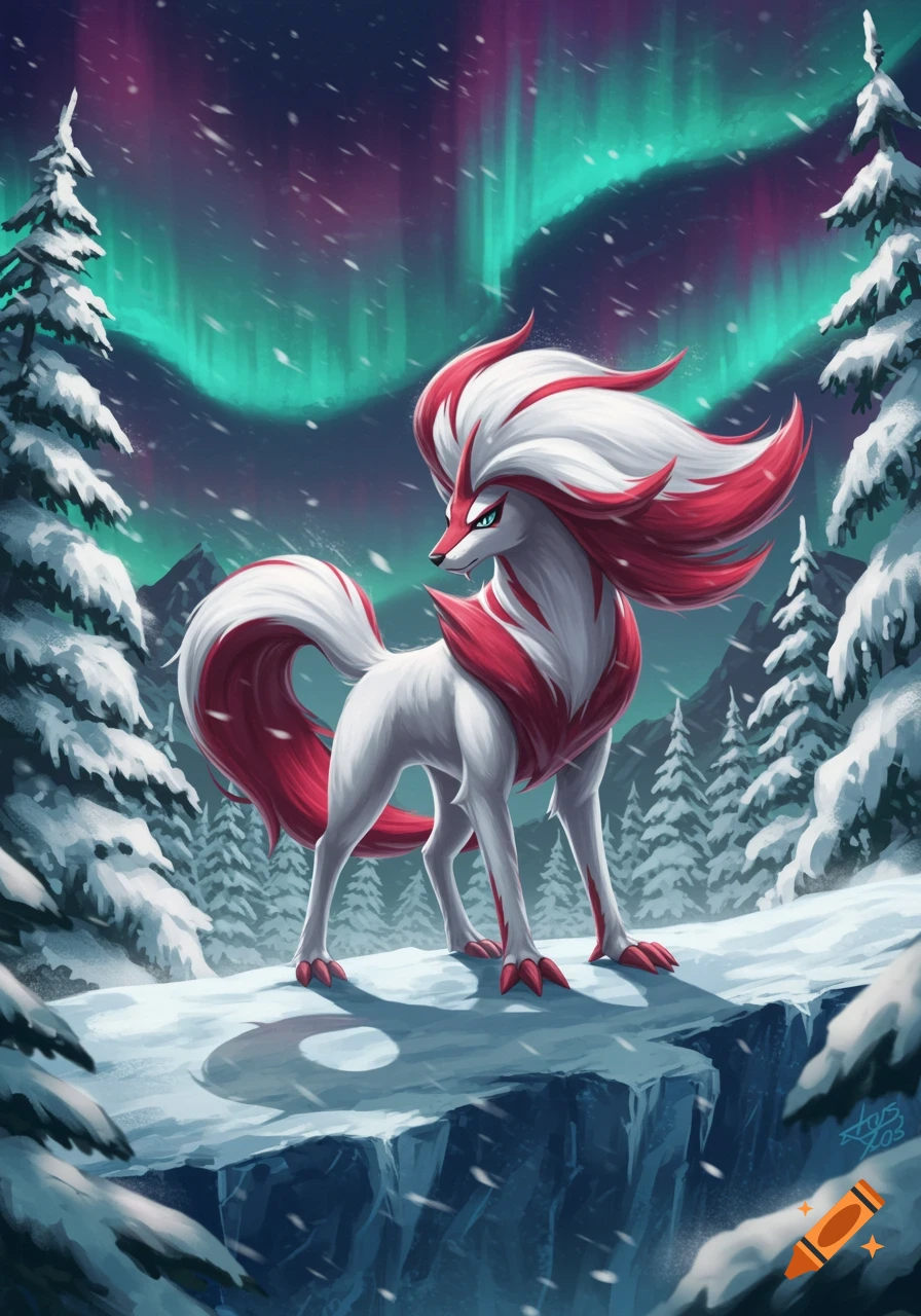 A white and red fox-like creature, Hisuian Zoroark, stands on a snowy cliff under a green and pink aurora sky, surrounded by snow-covered pine trees.