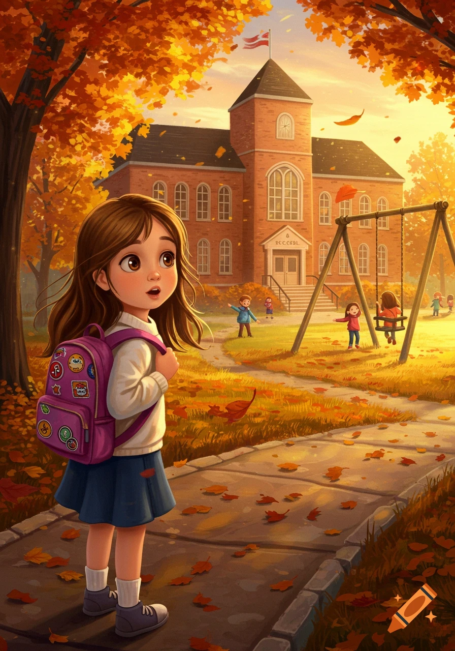 Cartoon illustration of a little girl with a pink backpack on an autumn path near a school and playground.