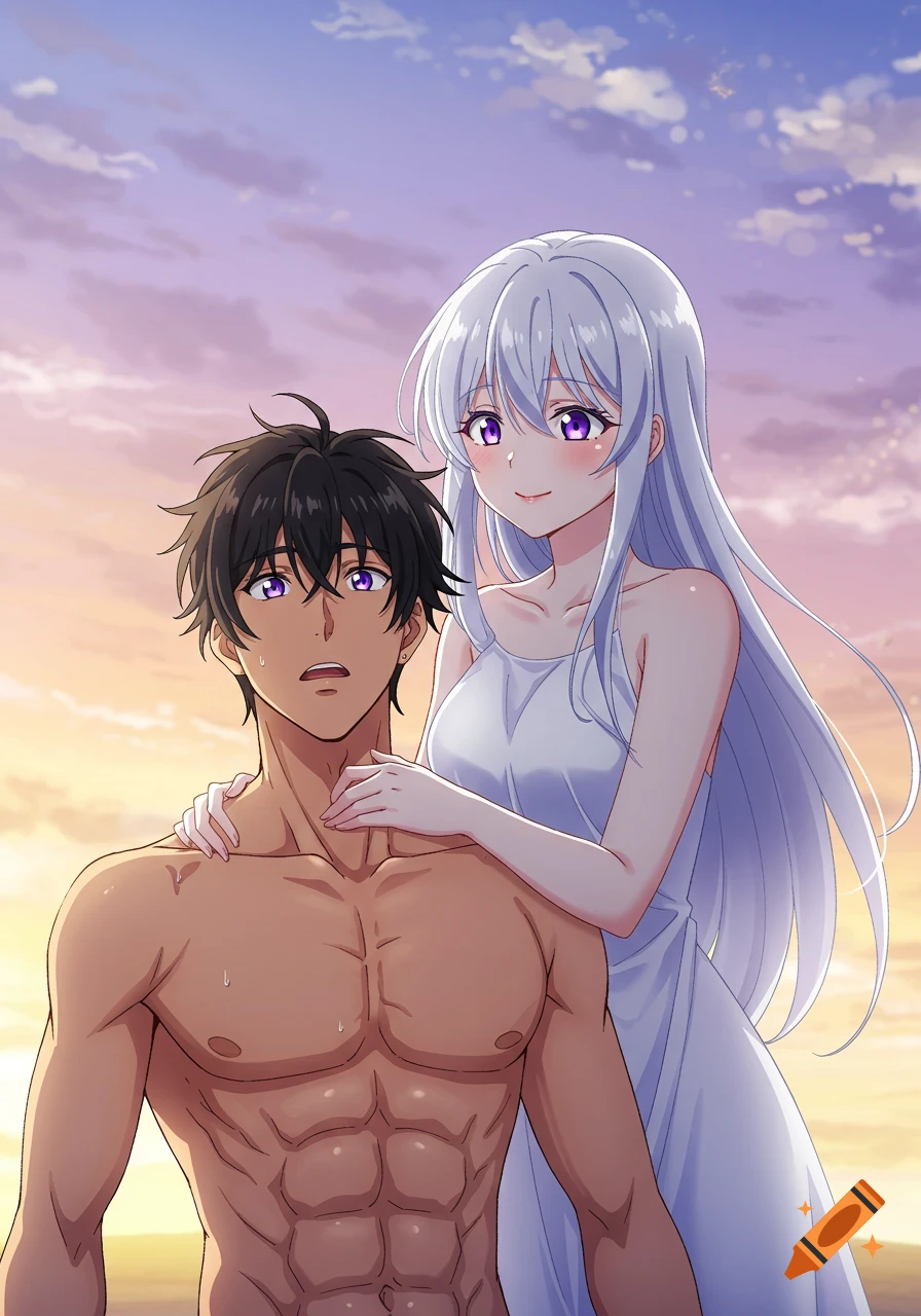 An anime couple under a pastel sunset sky. A shirtless man with black hair looks shocked as a smiling woman with silver hair in a white dress puts her hand on his shoulder.