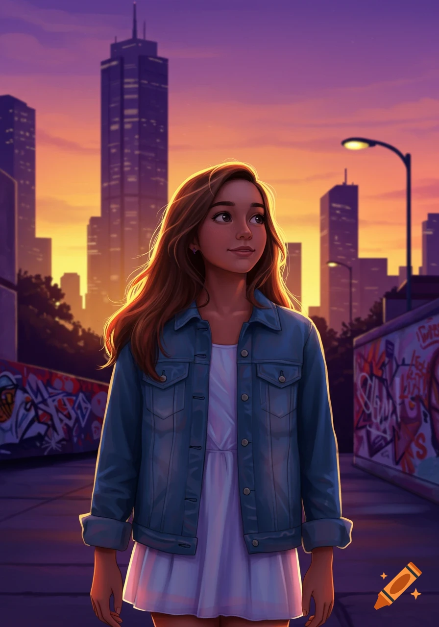 A stylized portrait of a smiling teen girl with long brown hair, wearing a denim jacket and white dress, in an urban setting with graffiti walls and city buildings at sunset.