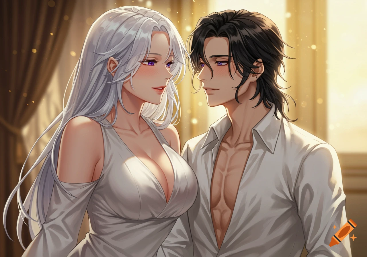 An anime couple with a silver-haired woman in a white v-neck dress and a black-haired man in an unbuttoned white shirt look at each other.